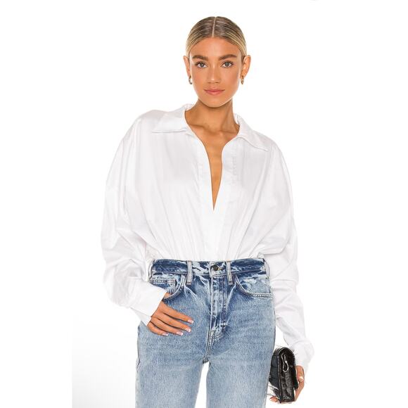 NWT Norma Kamali Oversized Boyfriend Shirt Bodysuit in White Size XS - Picture 1 of 7